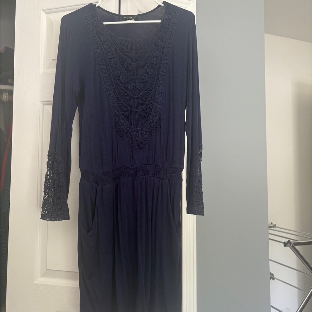 VENUS Navy Blue Long Sleeve Gown with Bishop Sleeves